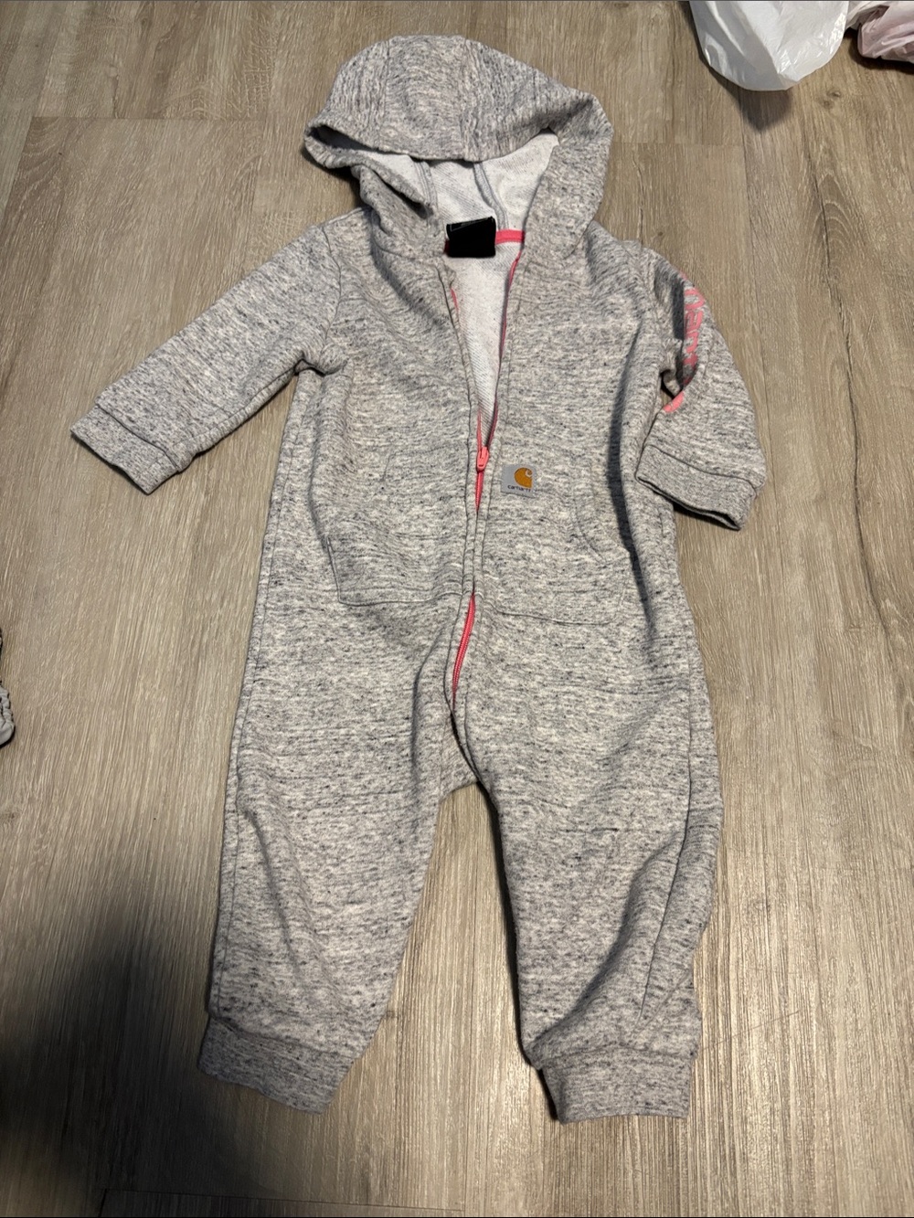 Carhartt Heather Gray Hooded Baby One-Piece with Pink Zip Trim